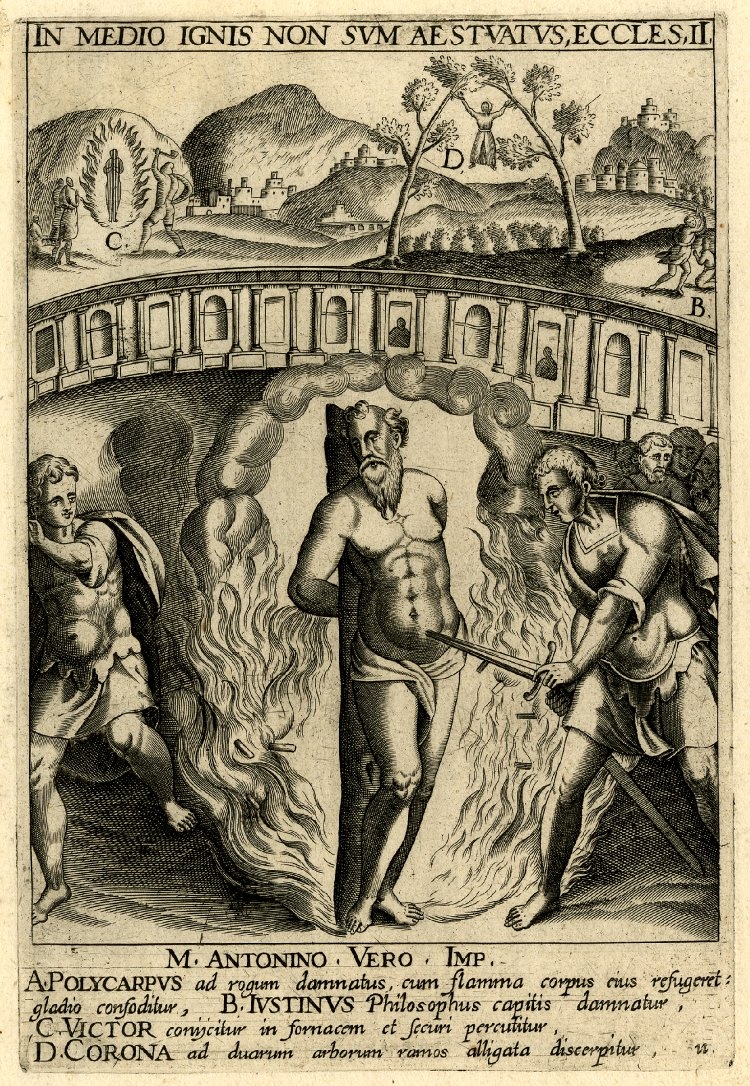 The scenes shows  St Polycarp being burned and stabbed in the foreground, while St Justin is being beheaded in the right background. St Corona is tied to two trees in the central background, as St Victor of Siena is being burned and stabbed with an axe in left background. The letters A-D within the composition indicate different scenes.