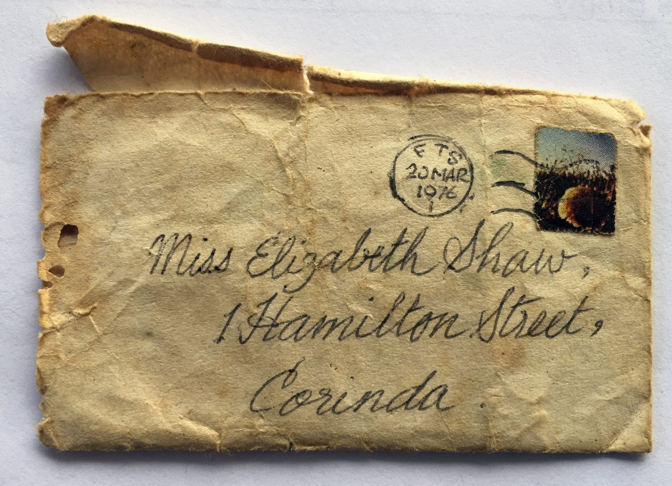 Reads: Miss Elizabeth Shaw, 1 Hamilton Street, Corinda. Handwritten in black ink. Pretend postmark reads: FTS (Fairy Tooth Service), 20 March 1976.