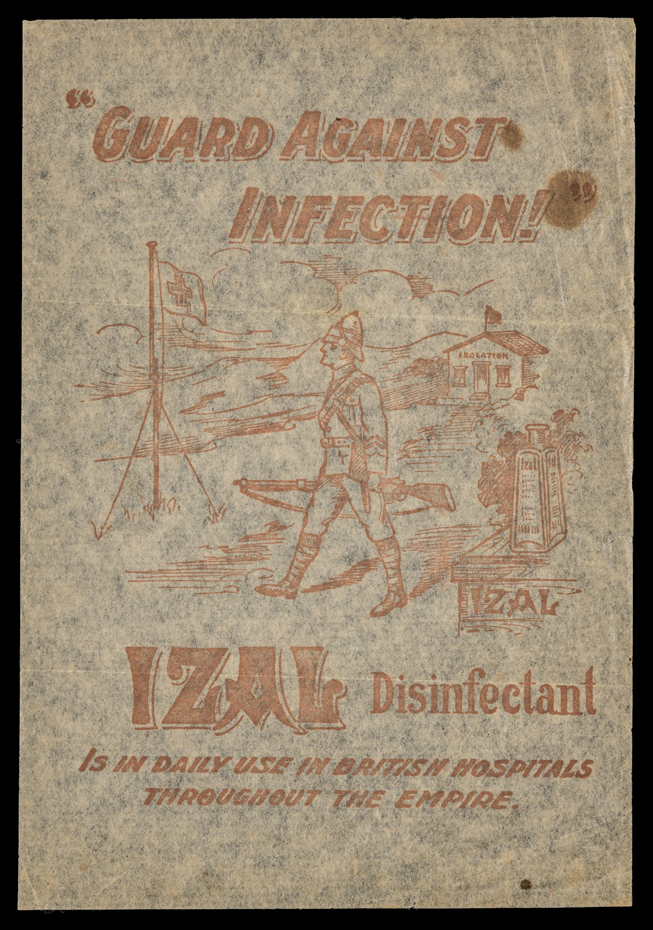 Photograph of a toilet paper sample sheet, bearing the title"Guard Against Infection" and an illustration of a British soldier.
