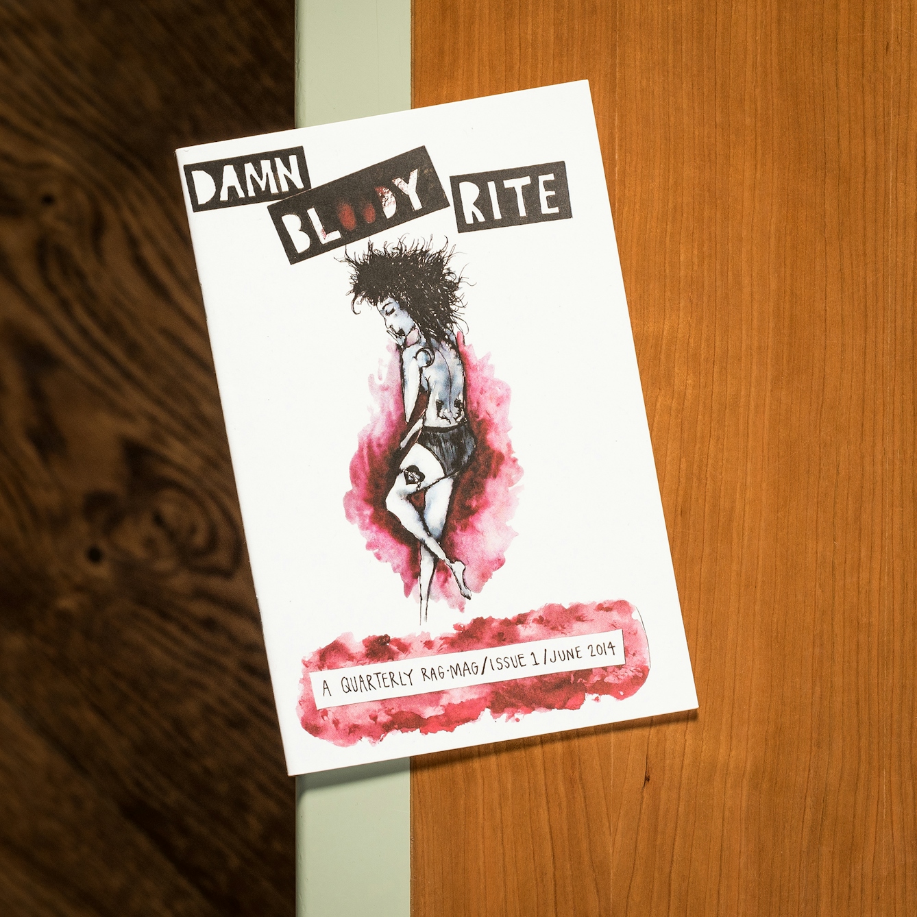 Photograph of Damn Bloody Rite zine on a library desk