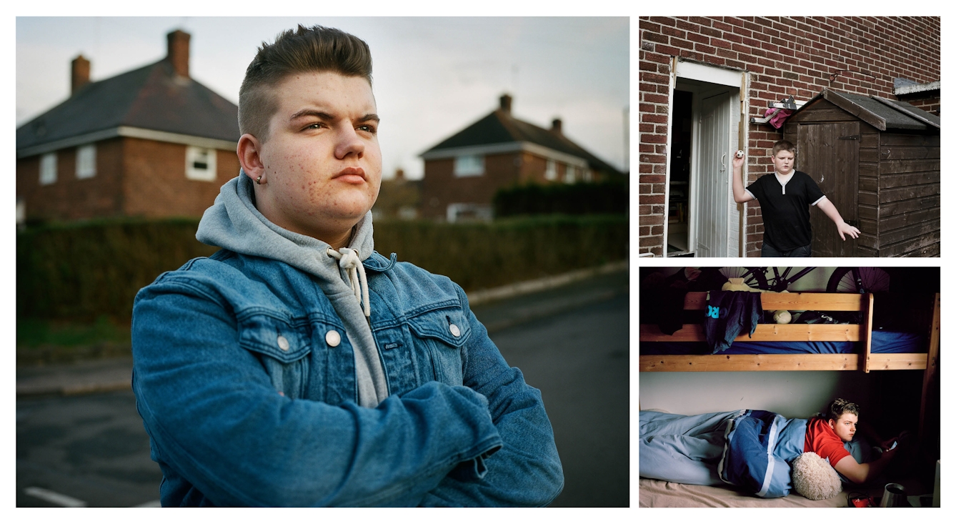 A cluster of 3 photographs, one large and two. The small top right photograph shows a teenage boy standing outside a red brick house about to throw a small football. The small photograph bottom right shows the same boy lying in the bottom bunk of a bunkbed looking toward the light from the window. In the top bunk you can just see a bicycle. The large photograph on the right shows the same boy standing in the street with his arms folded, looking into the distance