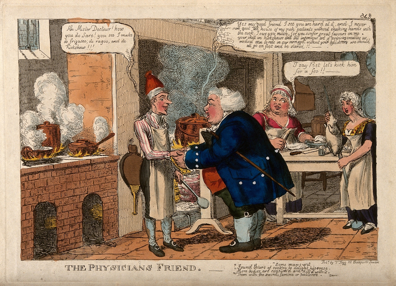 An obese doctor thanking a French chef in his kitchen, hinting that the chef's food provides him with patients.