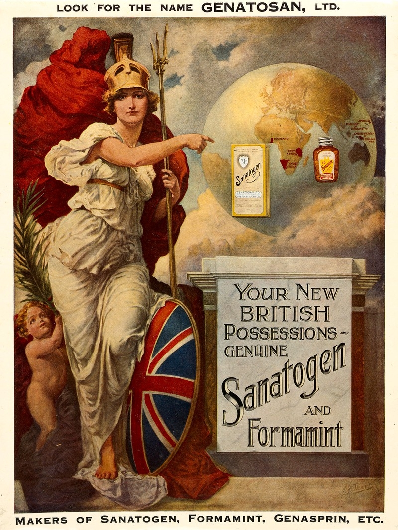 Image of poster featuring a woman wearing a toga, helmet, trident, red cape and shield with the Union Jack pointing at a globe and packaging for the Sanatogen drug.