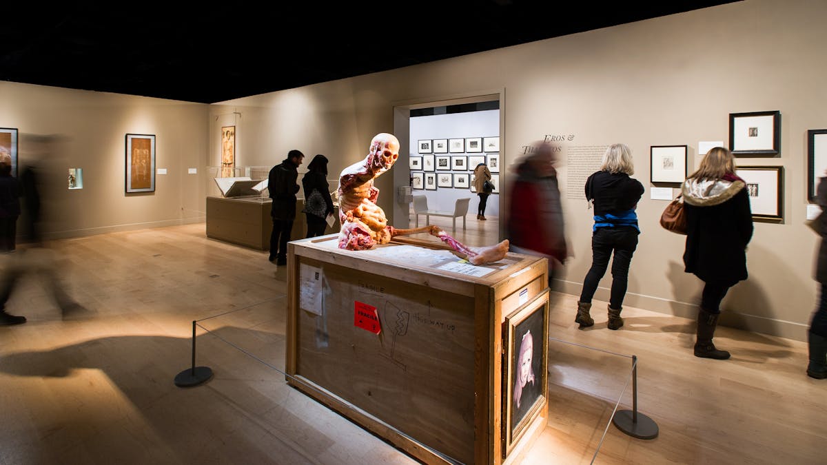 Photograph of visitors exploring the exhibition, Death: A Self Portrait at Wellcome Collection.