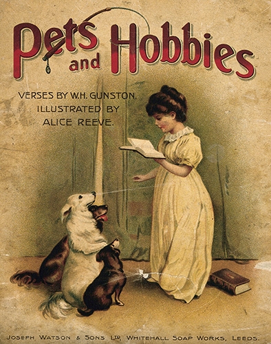A young Victorian girl reading a book to her three pet dogs.