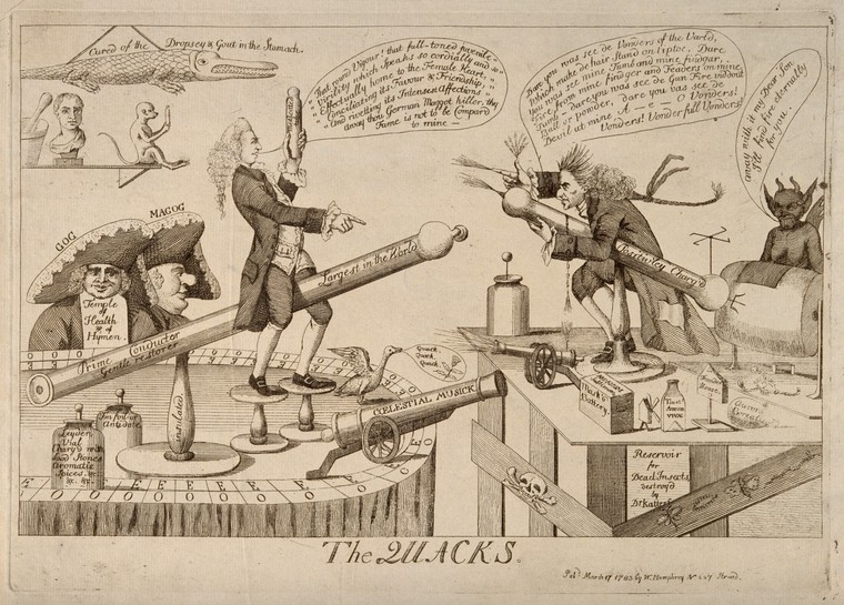 Image of satirical cartoon featuring two men facing each other, in aggressive poses.
