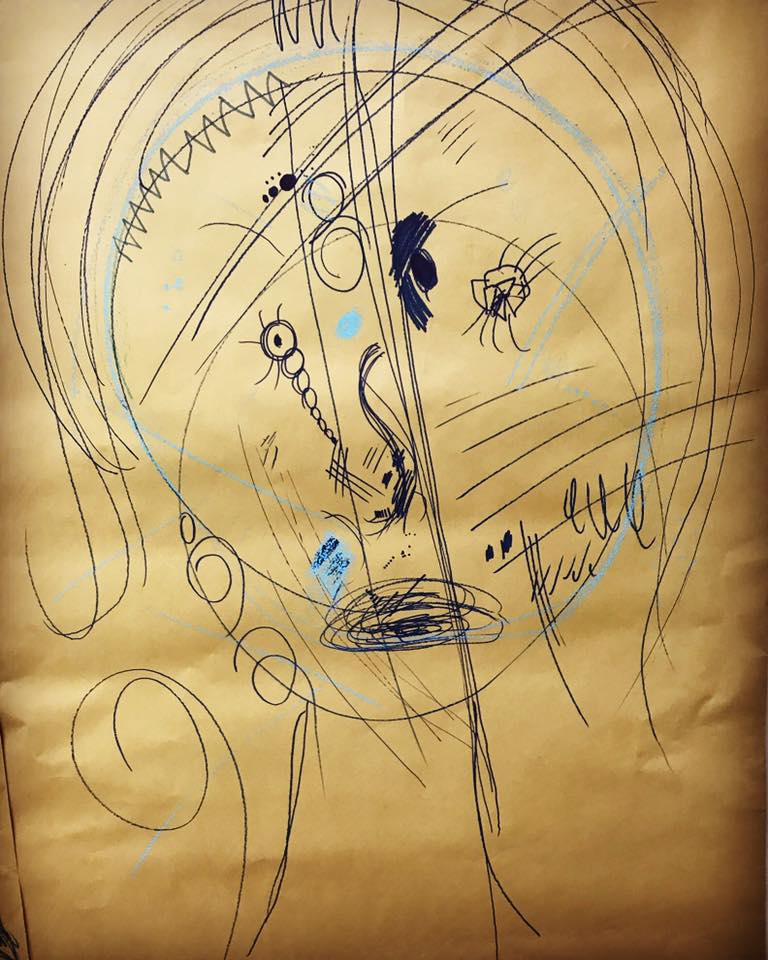 Line drawing, in black and blue ink, of a person's face.