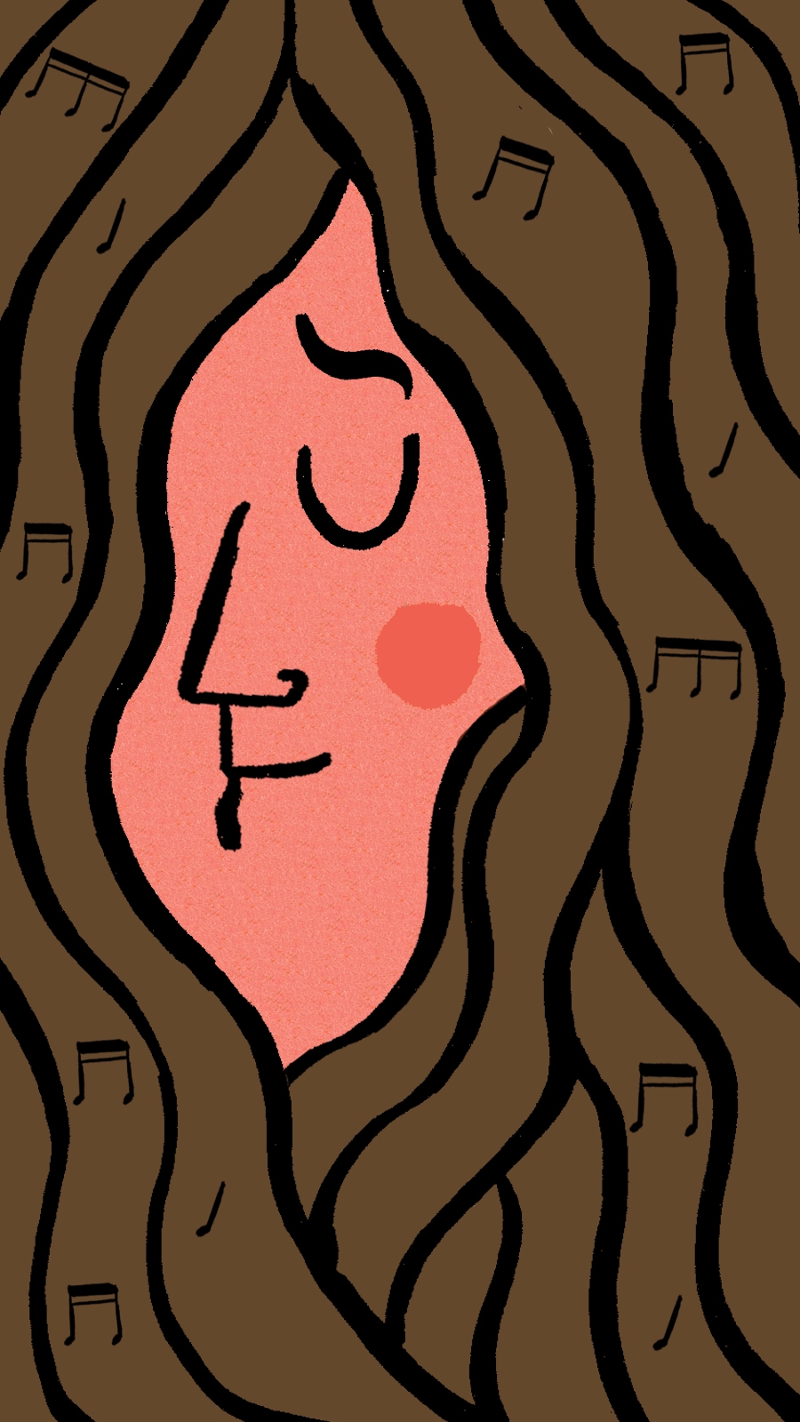 Illustration of a face, with closed eyes, and surrounded by long hair.
