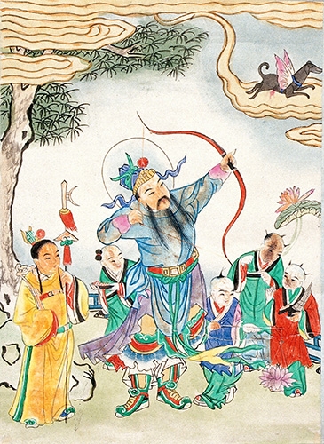 A Chinese hunter shoots a bow and arrow at a winged black dog