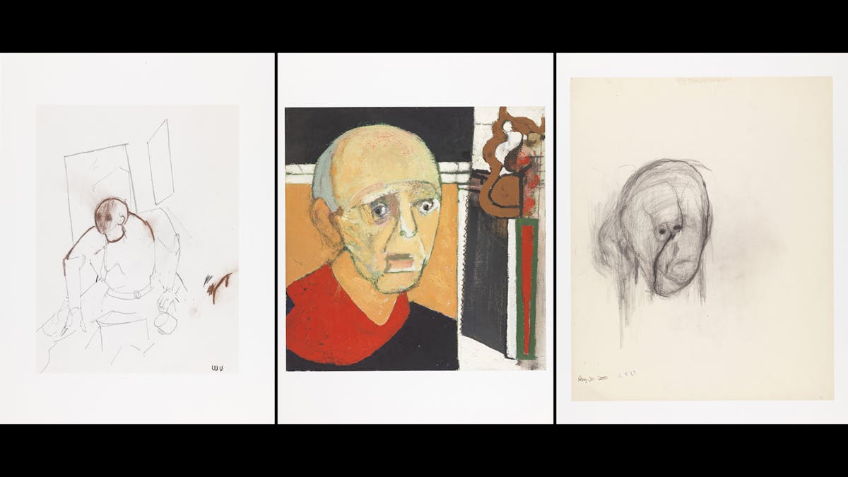 Three self-portraits by William Utermohlen featured alongside each other on a black background. The first shows the artist seated his studio, the second is a head and shoulders portrait with a handsaw alongside, and the third is of the artist's face, with the eyes missing.
