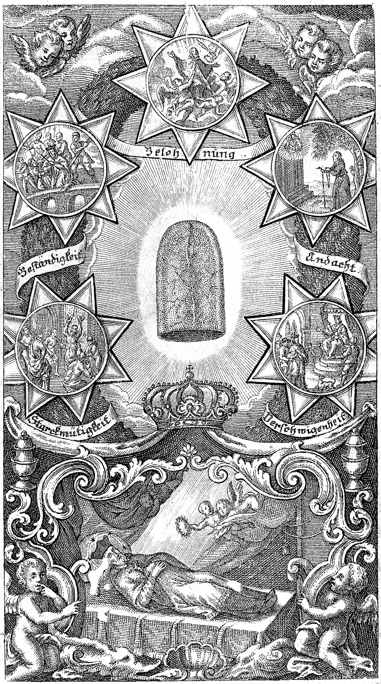 Etching of a disembodied tongue surrounded by stars with episodes from the life of St John Nepomuk. Translation of the lettering: devotion, secrecy, courage, faithfulness, reward. 