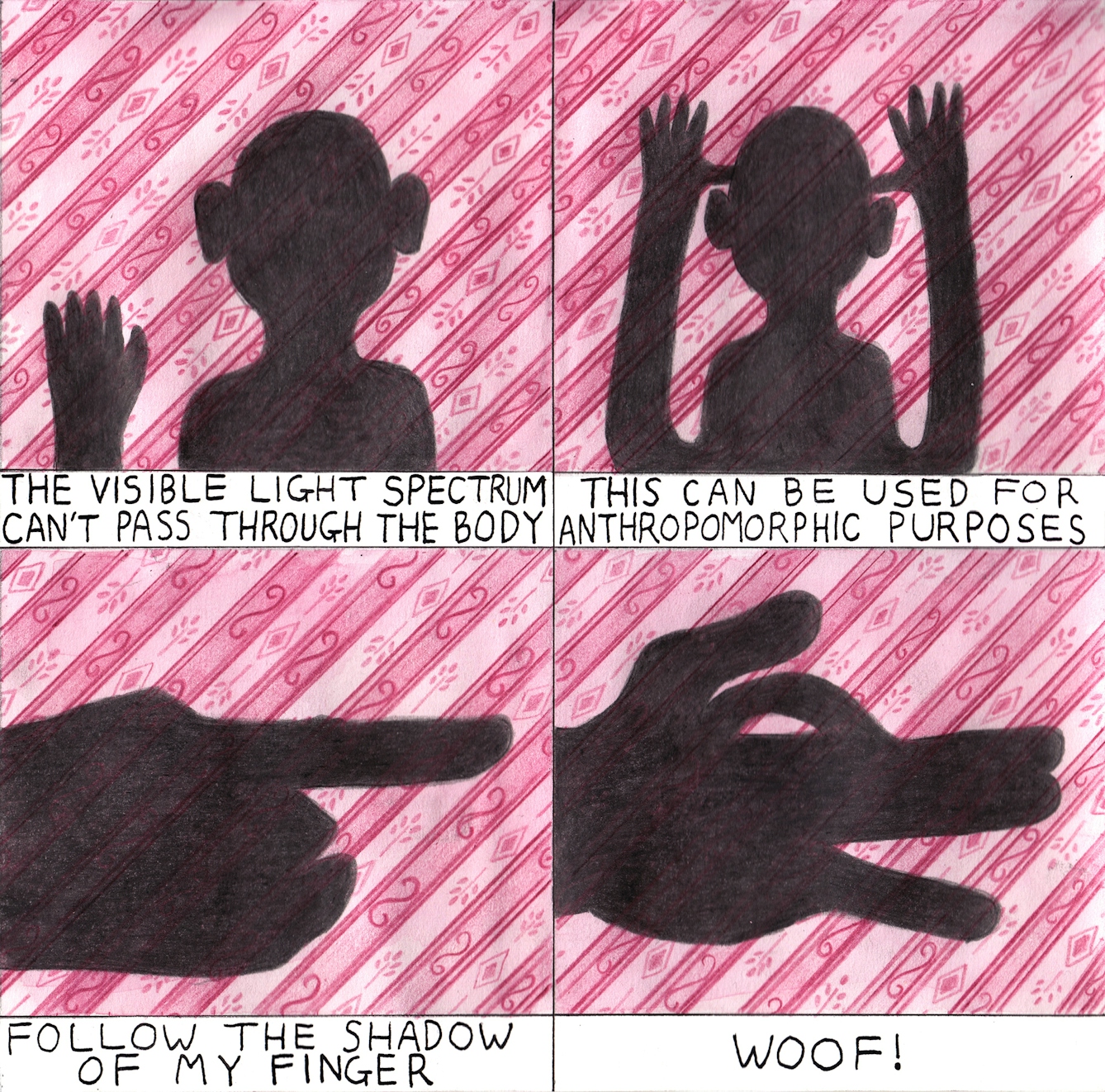The visible light spectrum can't pass through the body. This can be used for anthropomorphic purposes. Follow the shape of my finger. Woof!