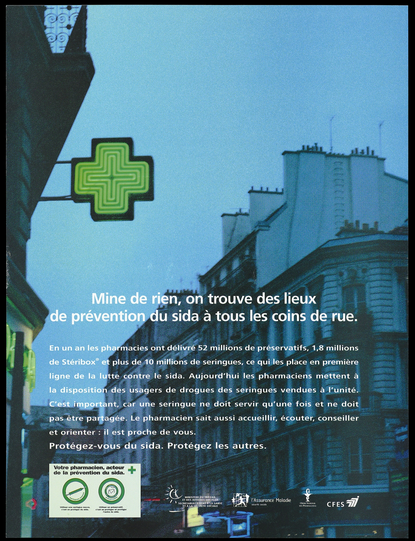 French pharmacy poster showing green cross pharmacy sign