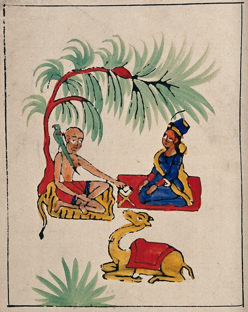 Painting of bald man, woman and camel under a tree
