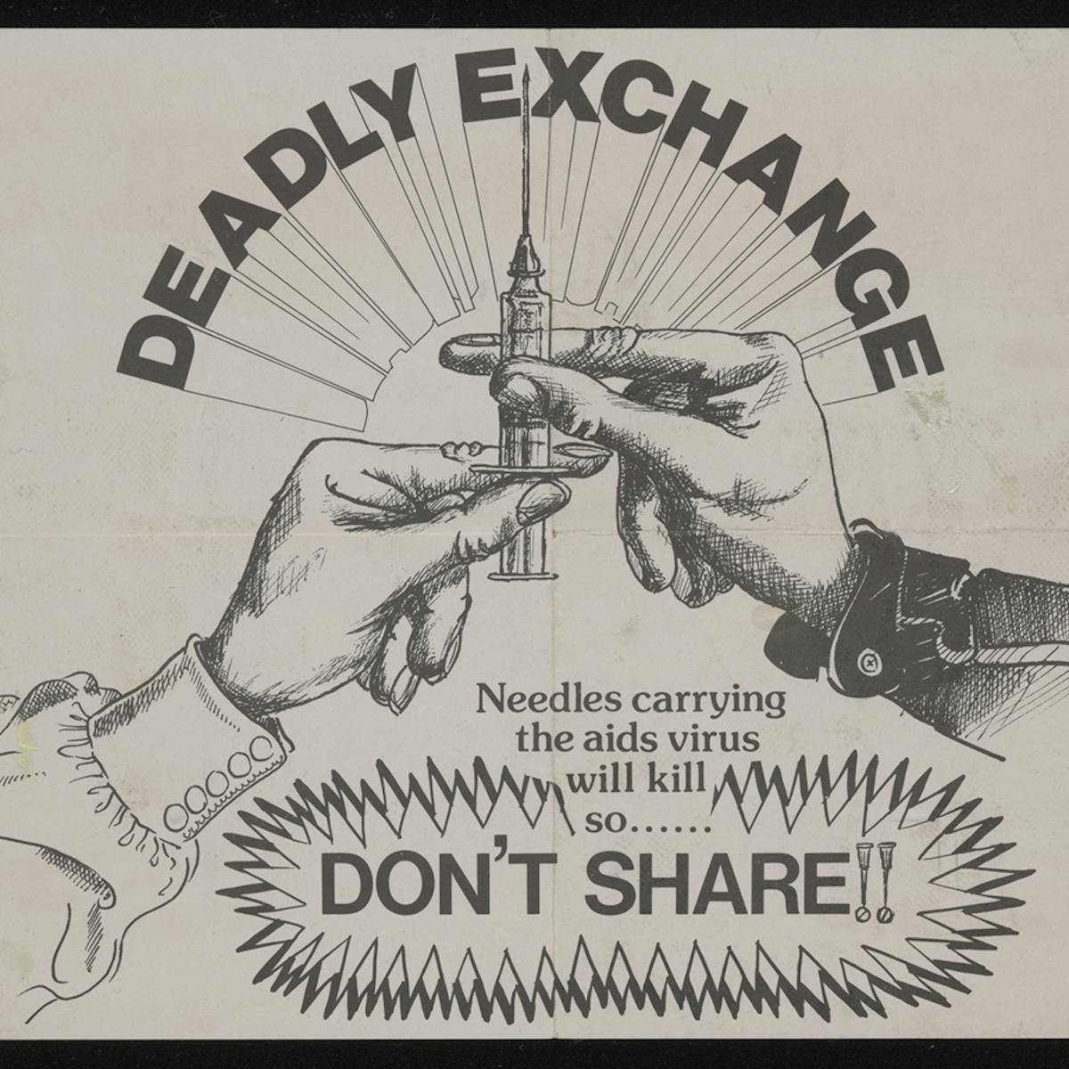 Black and white illustration of one hand giving a syringe to another hand, with the words 'deadly exchange' above in bold and capital letters.