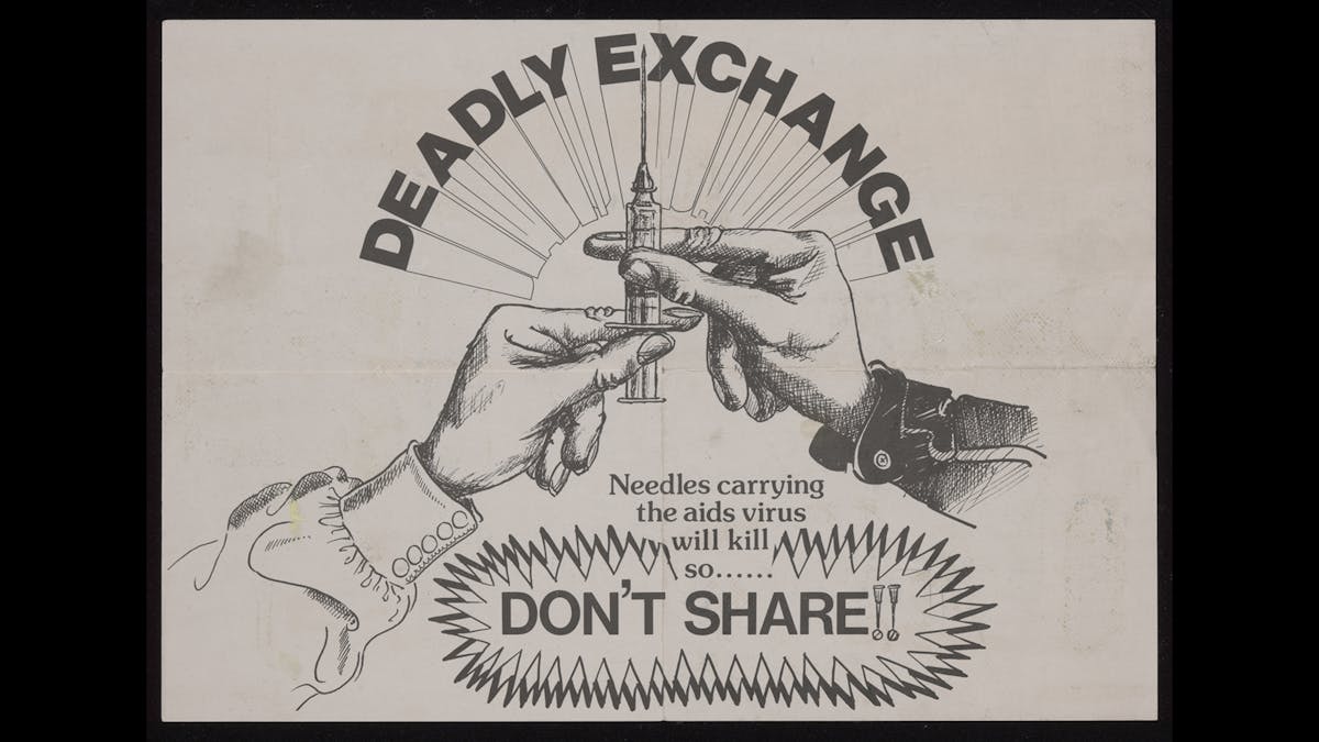 Black and white illustration of one hand giving a syringe to another hand, with the words 'deadly exchange' above in bold and capital letters.