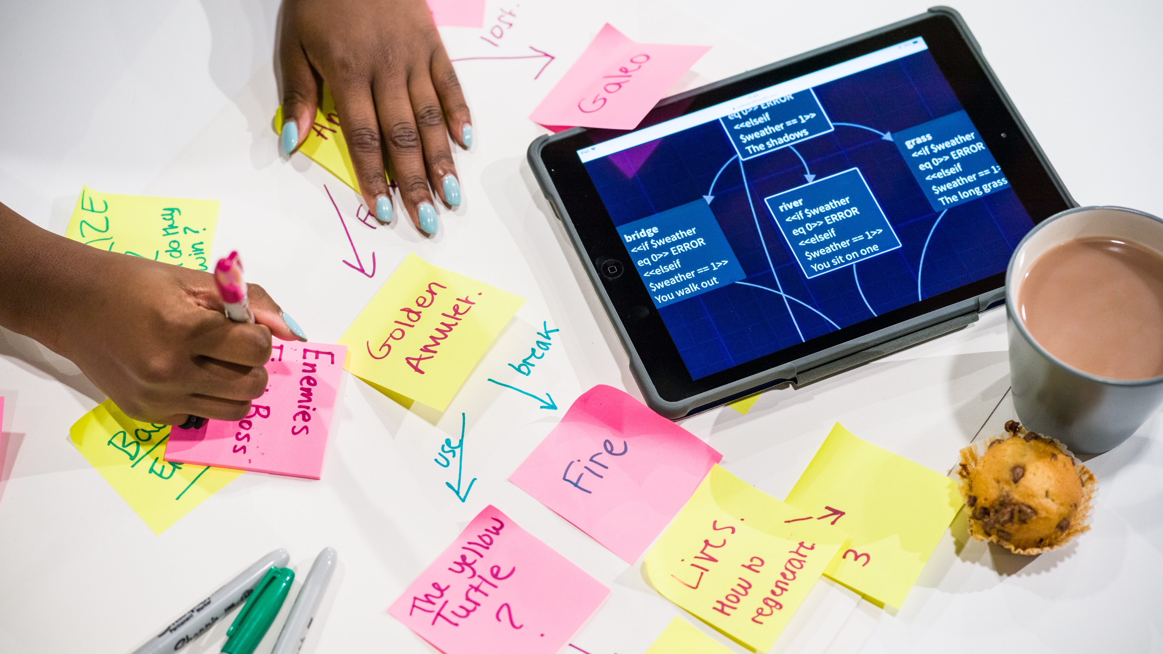 Photograph showing a table with an iPad, pens, a hot chocolate, muffin and hands writing on a pink Post-It note.