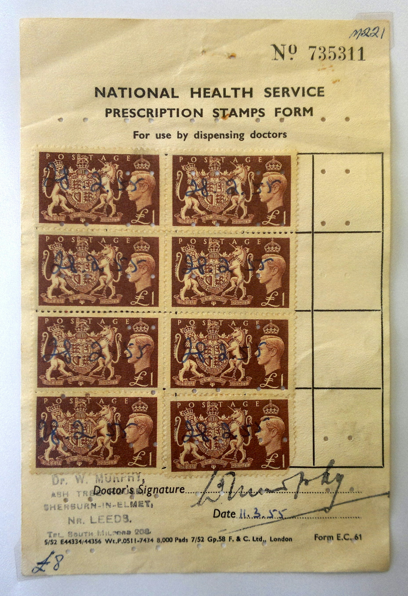 A photograph of a National Health Service prescription stamps form