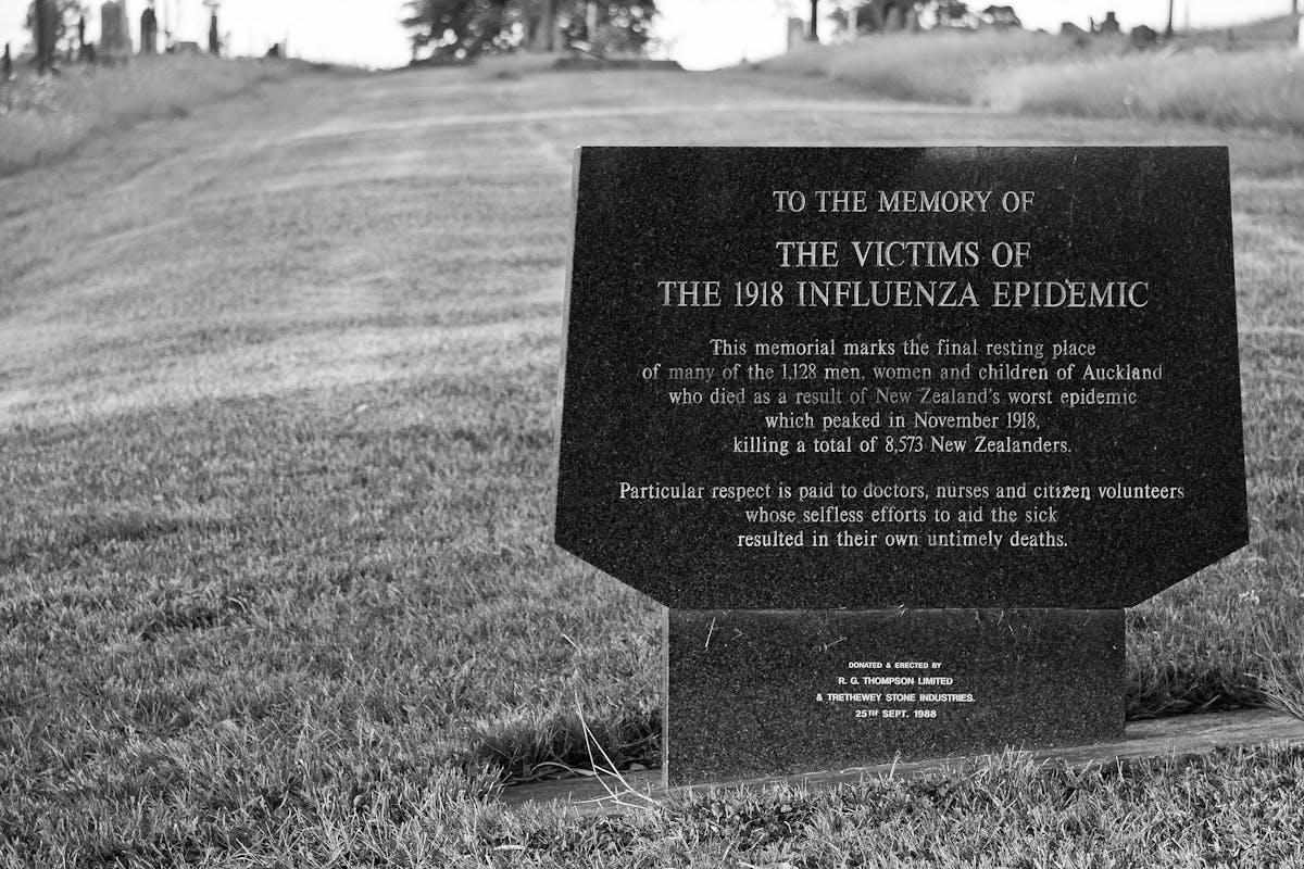 Plaque reads: This memorial marks the final resting place of many of the 1,128 men, women and children of Auckland who died as a result of New Zealand's worst epidemic which peaked in November 1918, killing a total of 8,573 New Zealanders. At the bottom it says it was donated and erected in 1988.