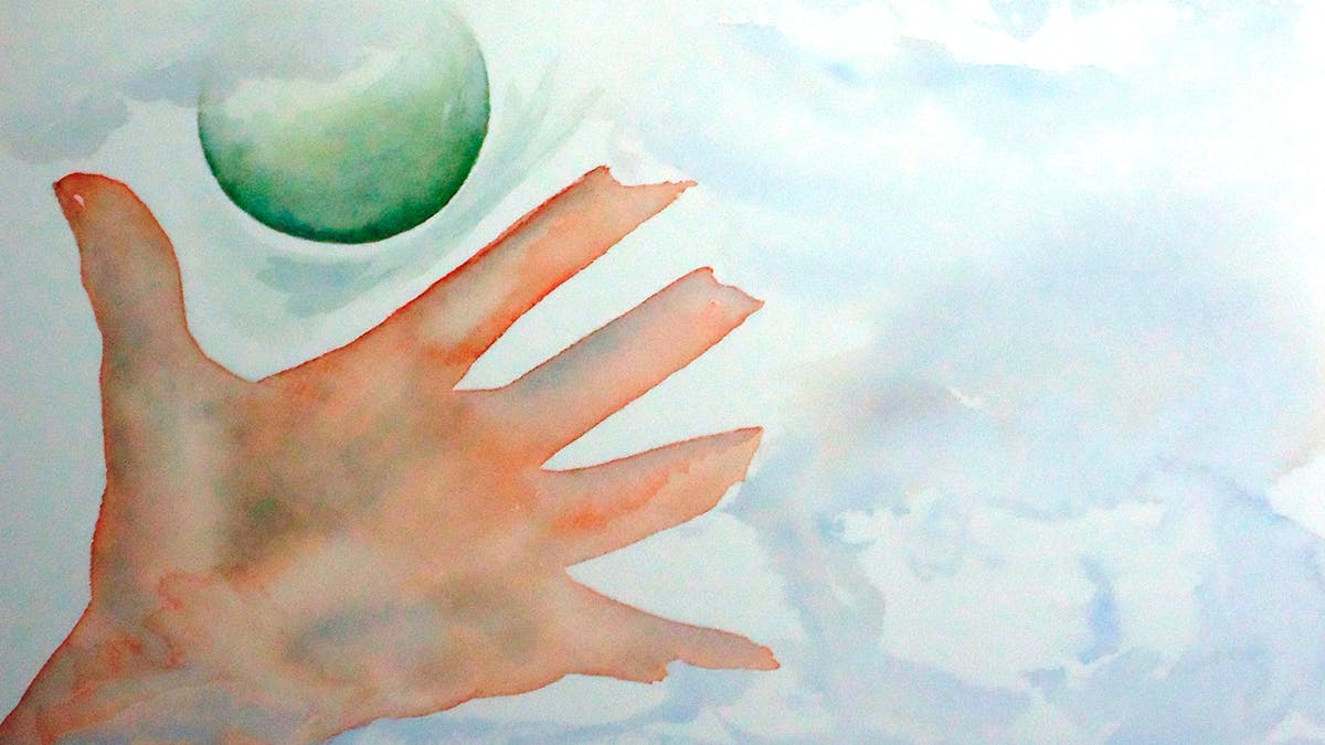 Illustration of a human hand juggling a green ball against a cloudy blue background. The fingers are disappearing into the clouds.