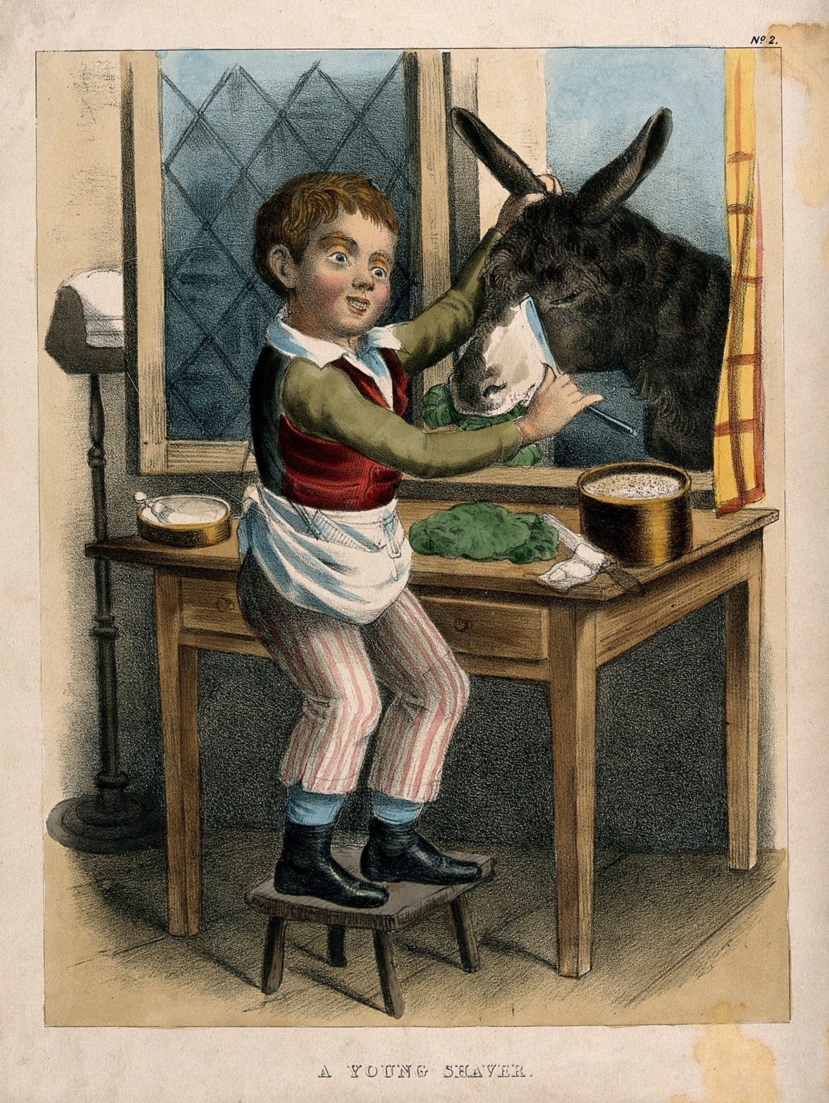In this colour illustration a young boy standing on a stool shaves the face of a donkey, which is poking its head through an open window.
