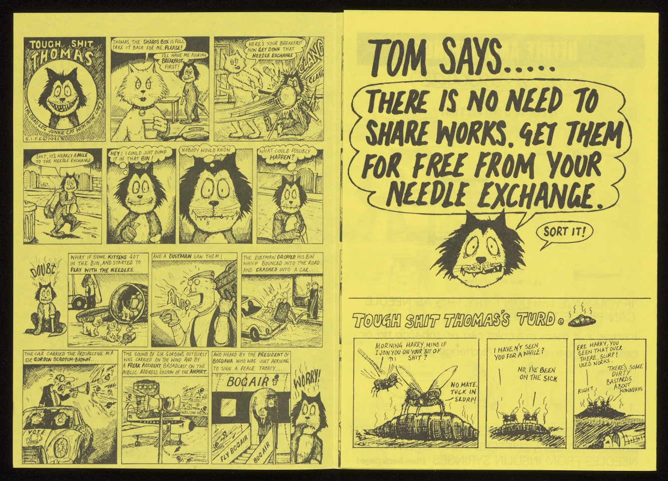 Black text and images on bright yellow paper, a comic strip featuring Tough Shit Thomas, a cat.