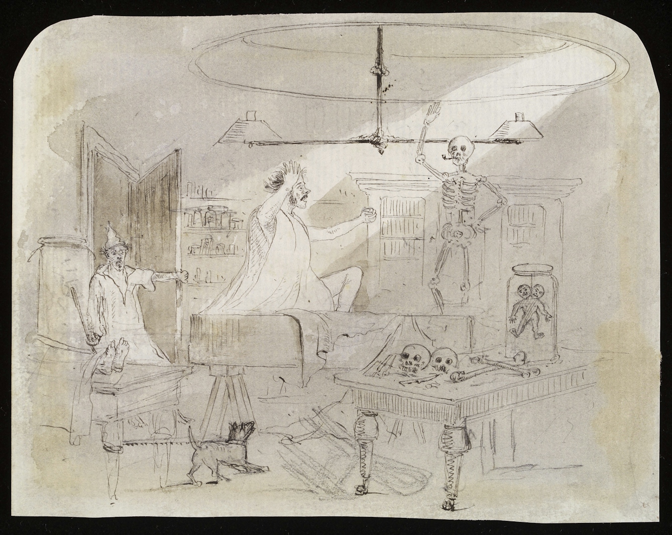 An anatomist's dissecting room with a man thought to be dead waking up and sitting up in his coffin