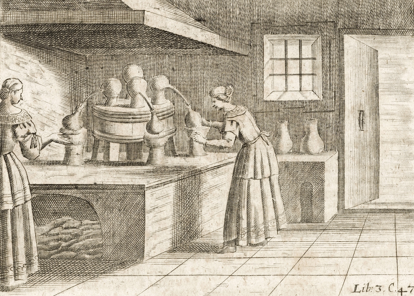 Two women working in an 18th century distillary
