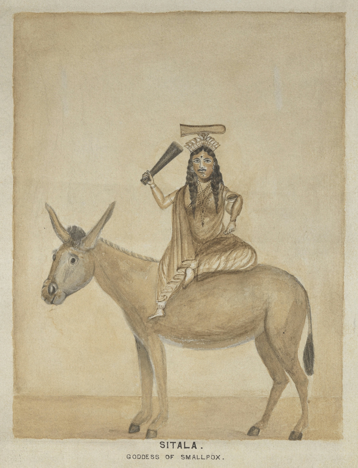 Drawing of a female Indian goddess sitting side-saddle on top of a donkey.