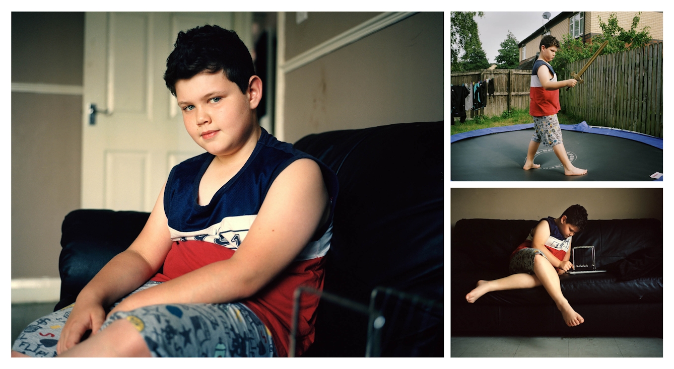 A cluster of 3 photographs, one large and two. The small top right photograph shows a teenage boy standing outside on a trampoline holding a play sword. The small photograph bottom right shows the same boy sitting on a sofa playing with an executive desk toy. The large photograph on the right shows the same boy sitting on a sofa looking to camera.