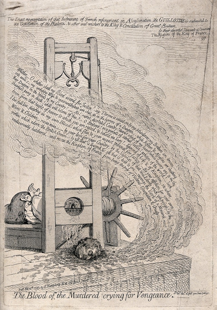 The head of a man cut off by a guillotine 