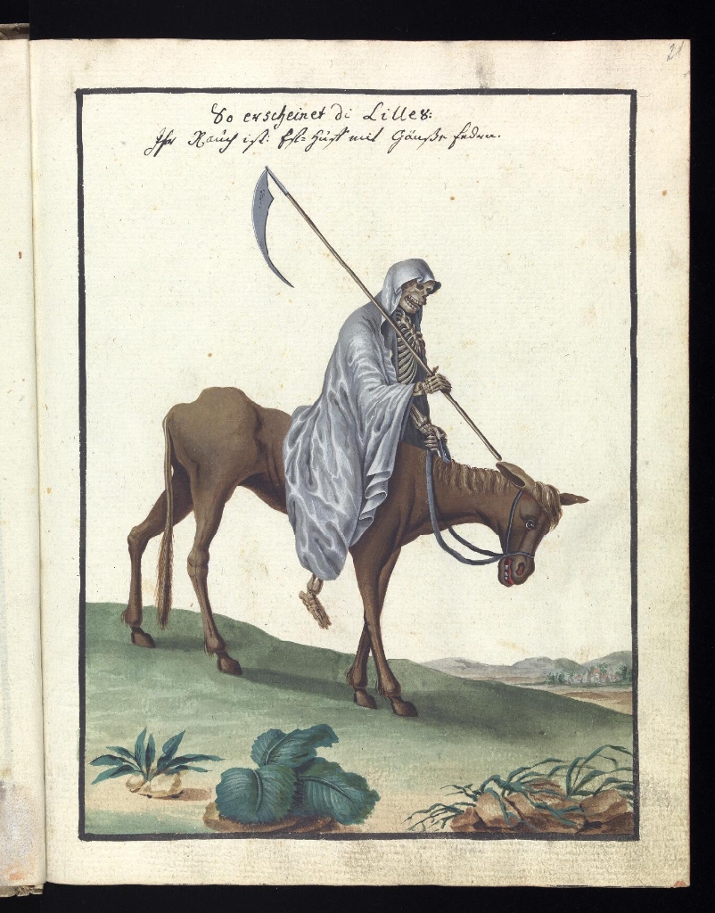 Colour illustration of the grim reaper sitting on a horse.