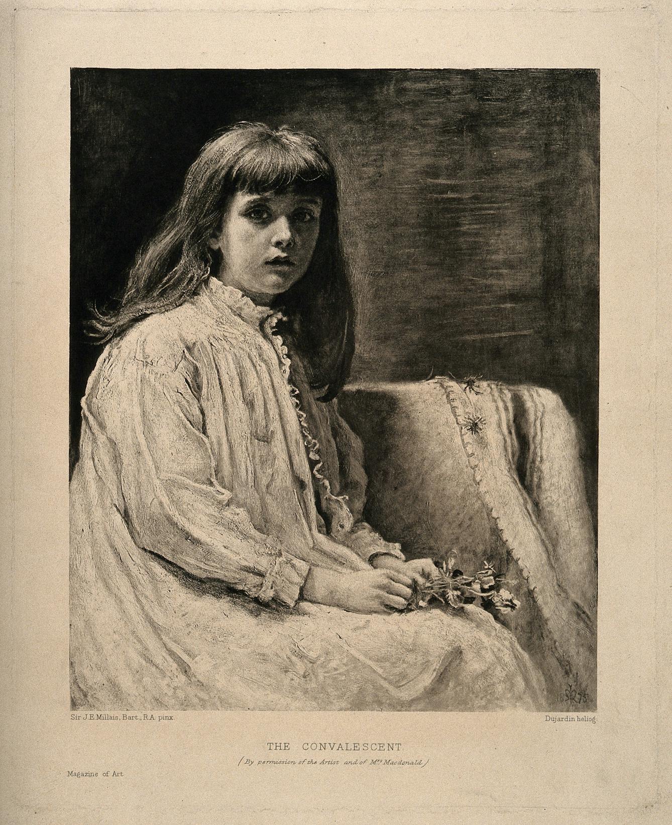 Black and white painting of a young girl in an nightdress.