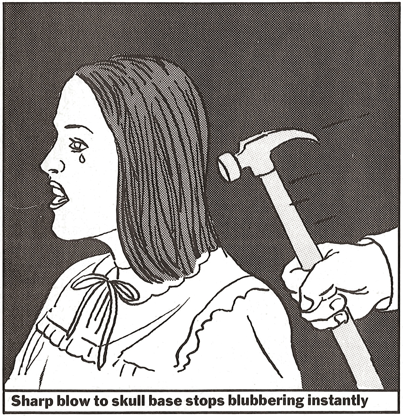 A cartoon of a hammer about to hit a woman
