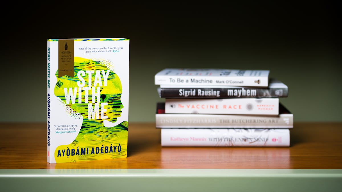 Photograph of a a stack of 5 books lying horizontally on a shelf with another book standing  vertically in the foreground.