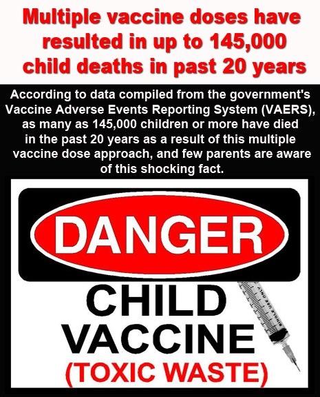 A 'danger' label warning of child deaths from vaccines.