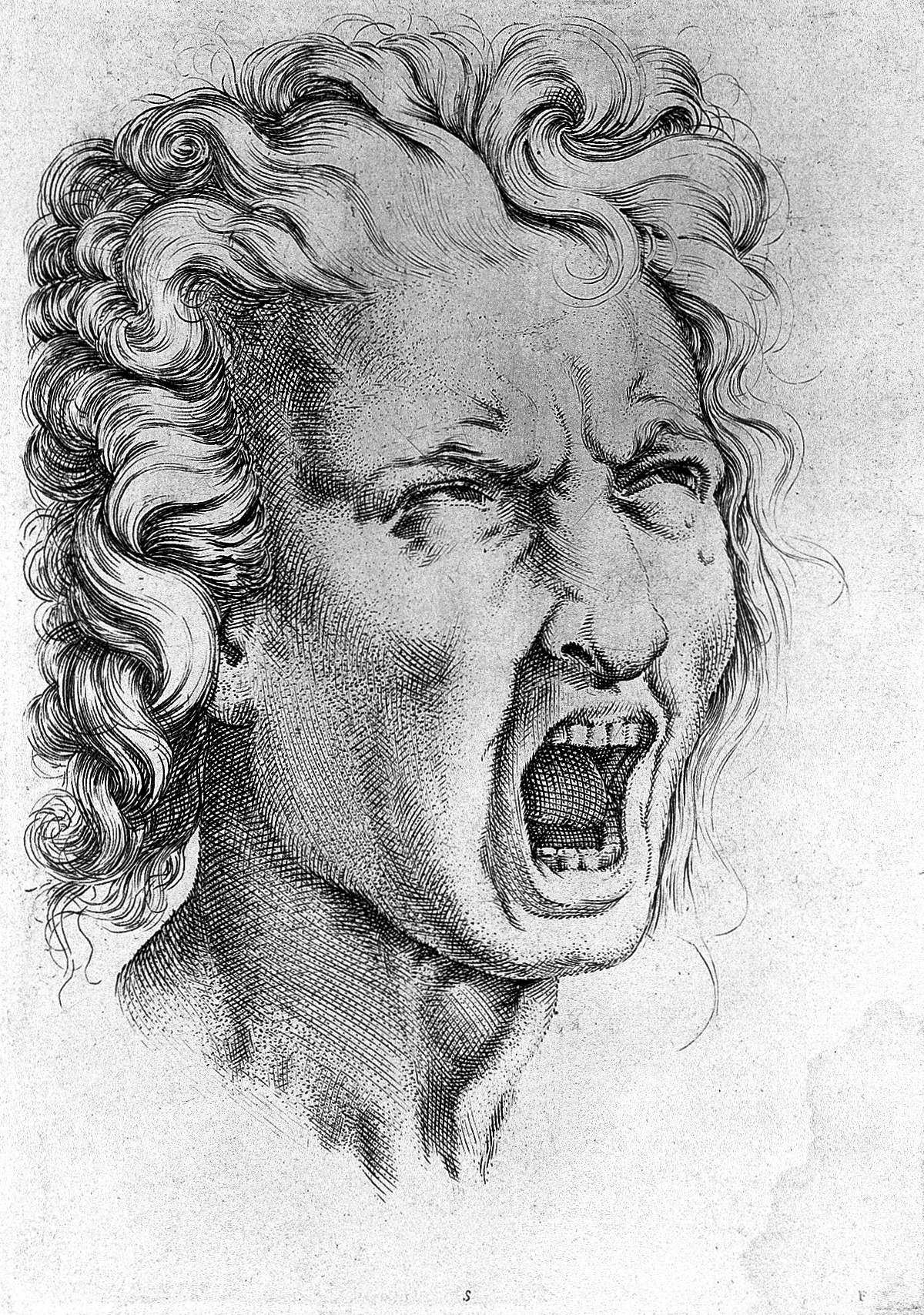 Black and white line engraving showing a screaming man’s face.