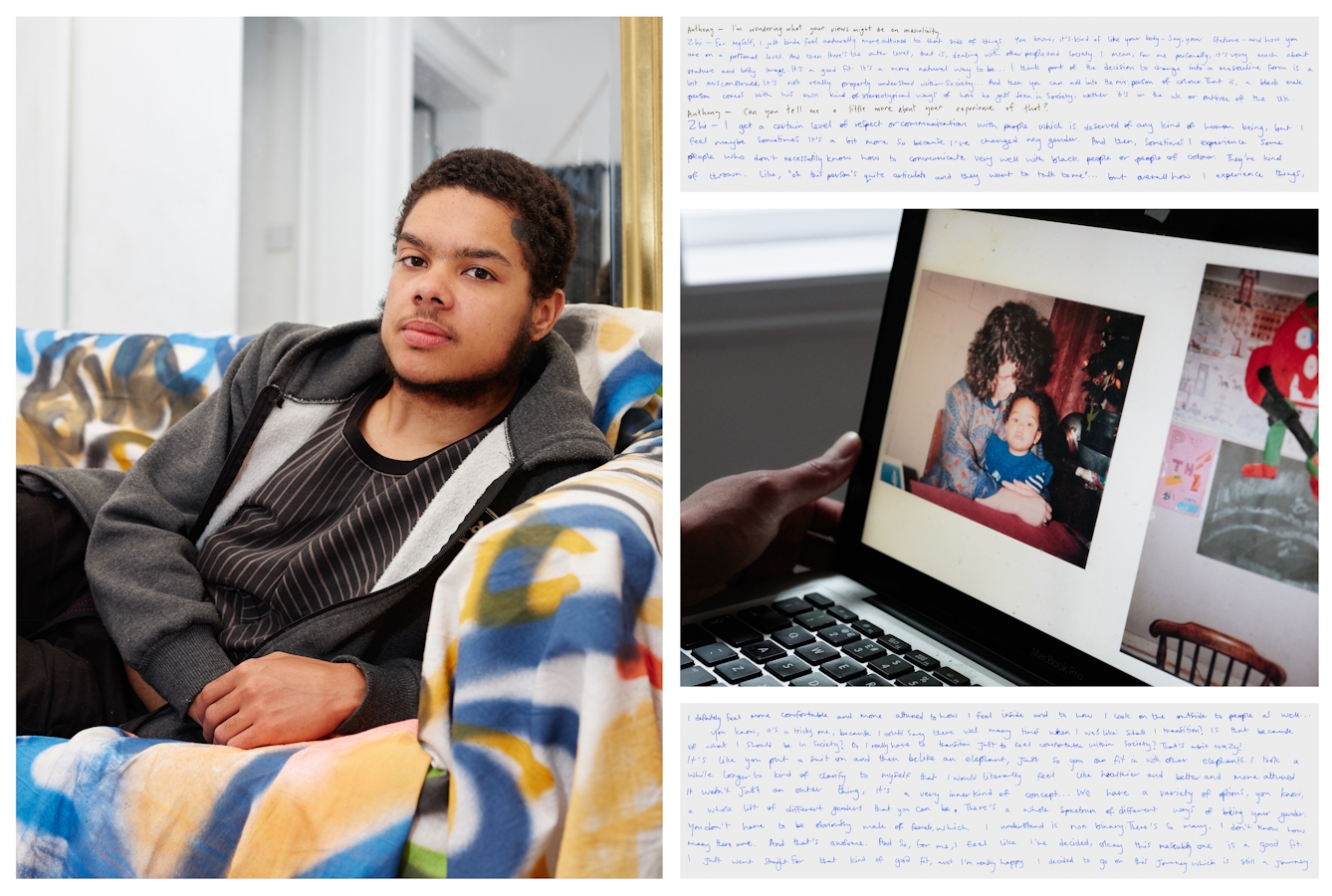 Photograph of an individual relaxing on a sofa in a living room. They are looking straight to camera. To the right of this photograph is another photograph showing a hand touching a laptop screen on which is displayed a family photo of a mother and a toddler. Above and below this image are images of handwritten texts.