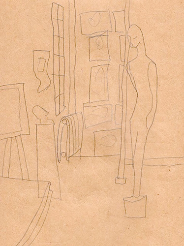 Pencil sketch by Beth Hopkins of sculptures and paintings in a display. 