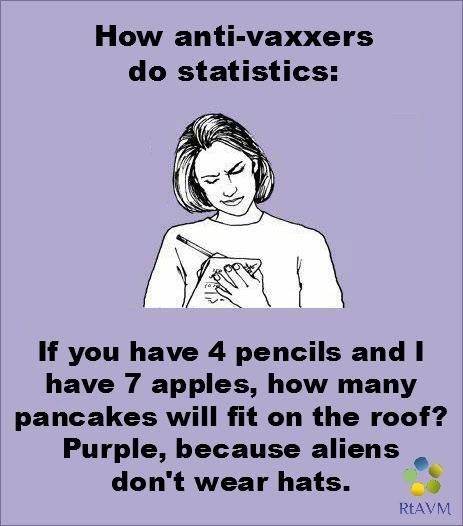 A woman with a notepad mocks anti-vaxxers' mathematical abilities.