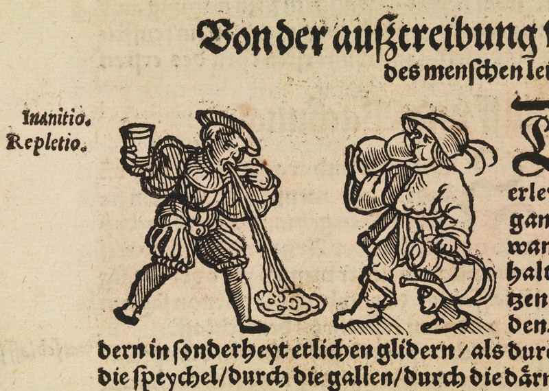 Woodcut image on manuscript showing two men, one of them vomiting, the other drinking
