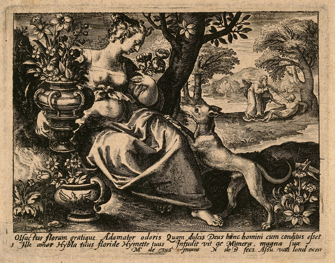 Engraving of a woman in a garden with some flowers, as God blows spirit into Adam's body. The dog is a symbol of the sense of smell. 