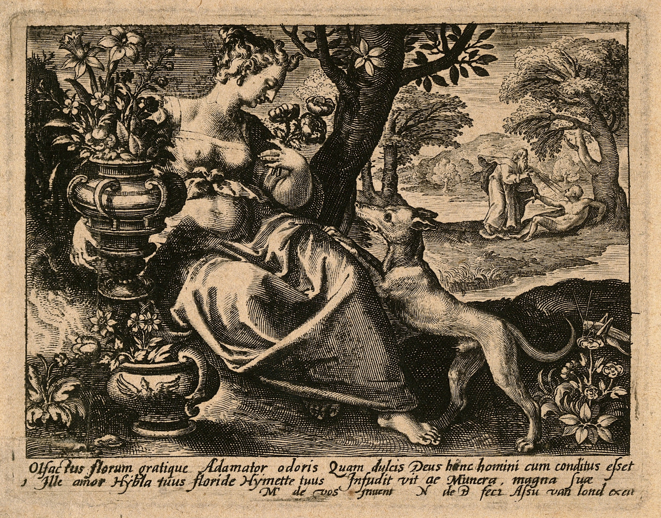 Engraving of a woman in a garden with some flowers, as God blows spirit into Adam's body. The dog is a symbol of the sense of smell.