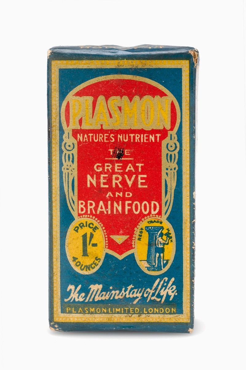 Image of packaging for 'Plasmon': 'The great nerve and brain food'. Rectangle shaped box with graphics in red, blue and yellow.