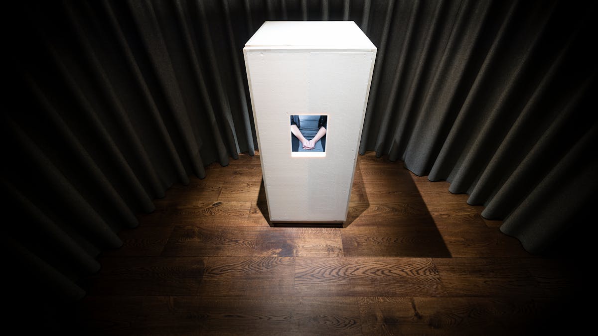 Photograph of the Orgone Energy Accumulator exhibit which formed part of the exhibiton, The Institute of Sexology at Wellcome Collection.