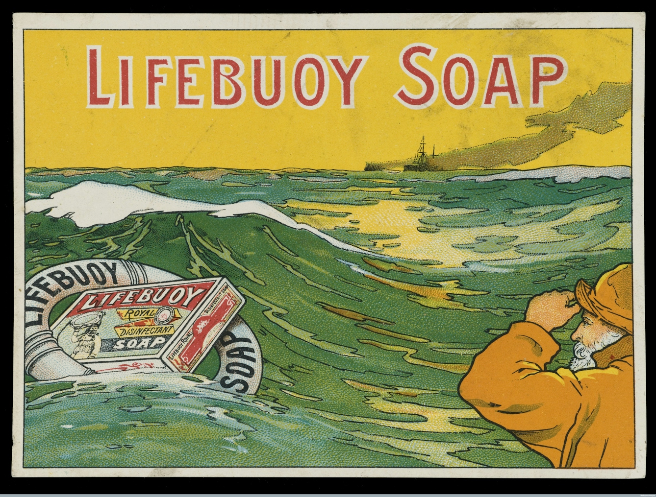 A fisherman looks out to sea towards a life-preserving ring containing a bar of Lifebuoy brand soap.