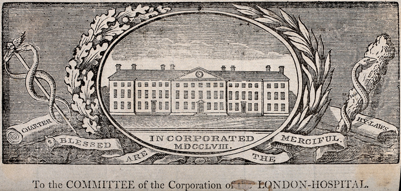 A printed label showing the London Hospital, Whitechapel