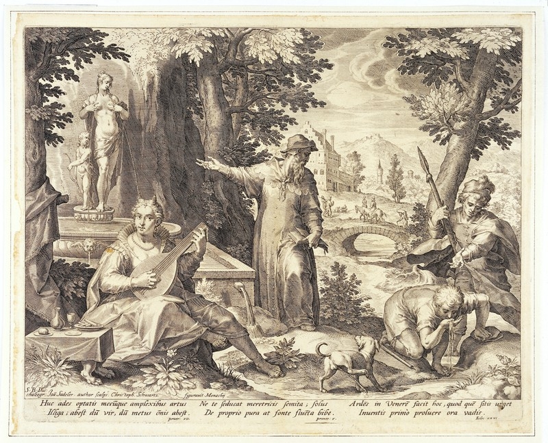 Image of forest scene with a woman playing a guitar, a man drinking from a stream and two other men and a dog.