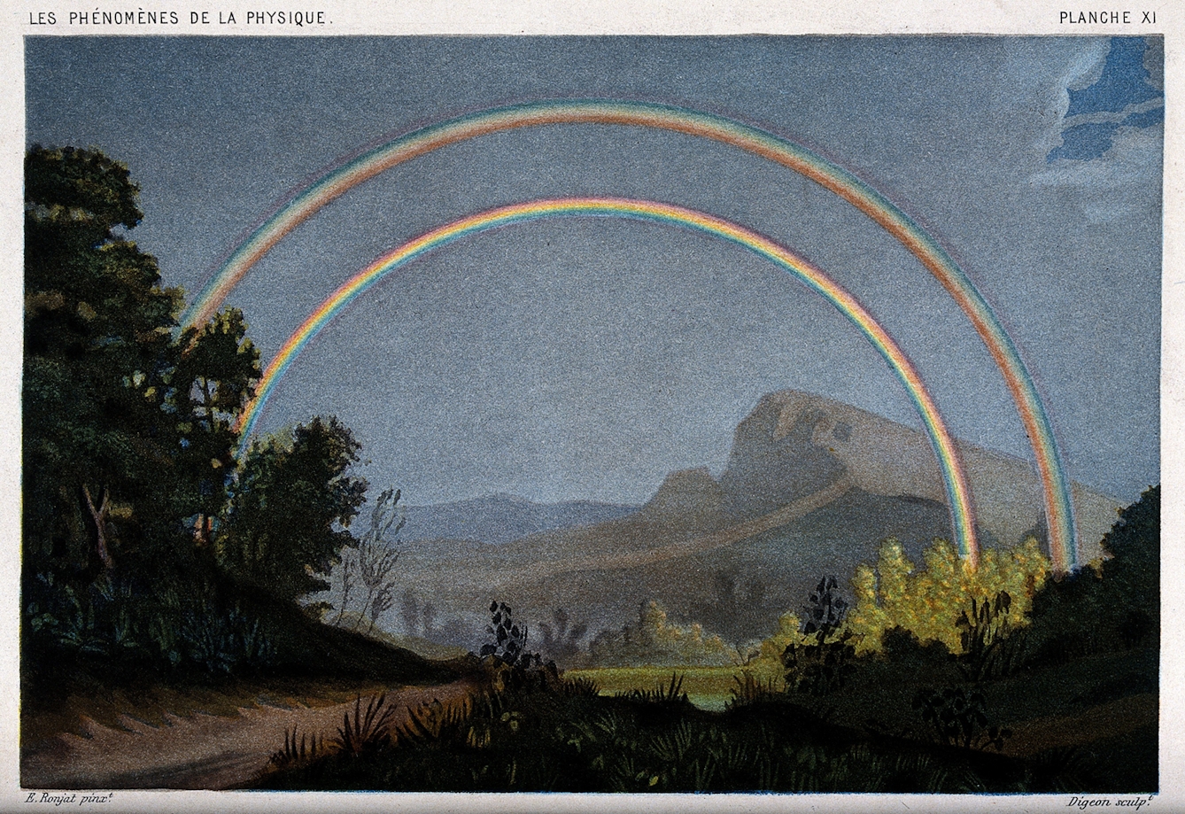 A colour print showing a double rainbow with mountains in the background, and trees in the foreground.