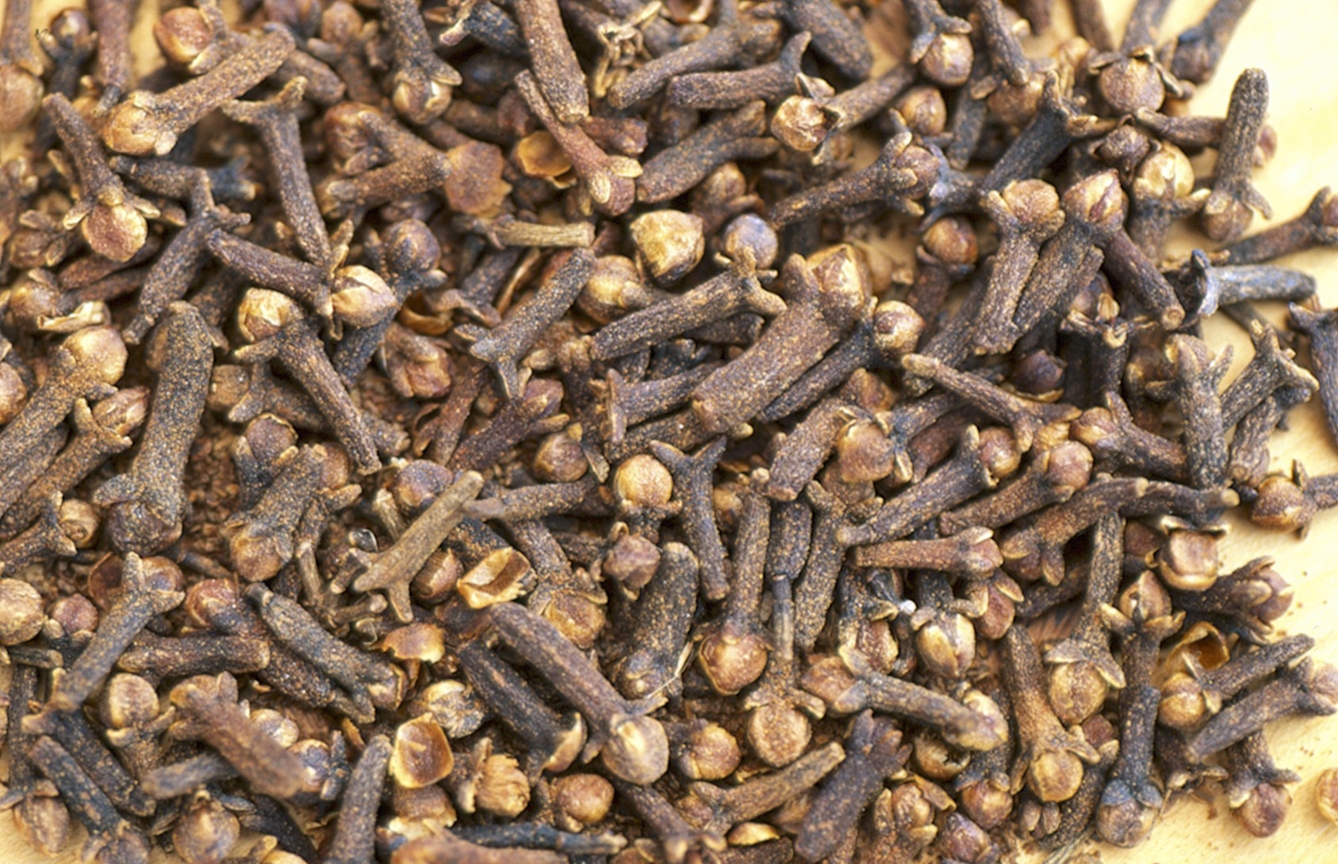 Close-up photograph of a mound of dried cloves, which are dark brown and golden brown.